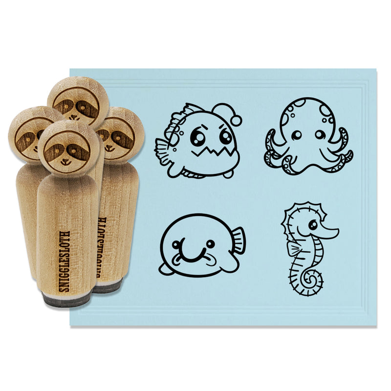 Kawaii Ocean Octopus Anglerfish Seahorse Blobfish Rubber Stamp Set for Stamping Crafting Planners