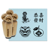 Chinese New Year Orange Lion Dancer Greeting Fireworks Rubber Stamp Set for Stamping Crafting Planners