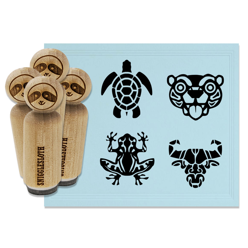 Stylized Tribal Tattoo Animals Bull Frog Turtle Tiger Rubber Stamp Set for Stamping Crafting Planners