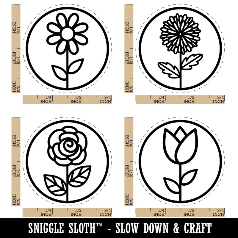 Flower in Circle Tulip Rose Daisy Chrysanthemum Rubber Stamp Set for Stamping Crafting Planners