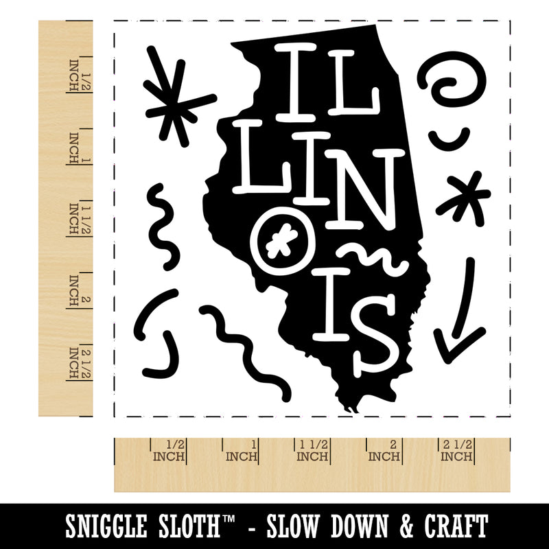 Illinois State with Text Swirls Square Rubber Stamp for Stamping Crafting