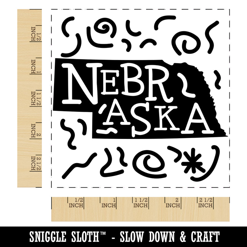 Nebraska State with Text Swirls Square Rubber Stamp for Stamping Crafting