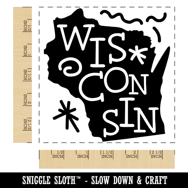 Wisconsin State with Text Swirls Square Rubber Stamp for Stamping Crafting