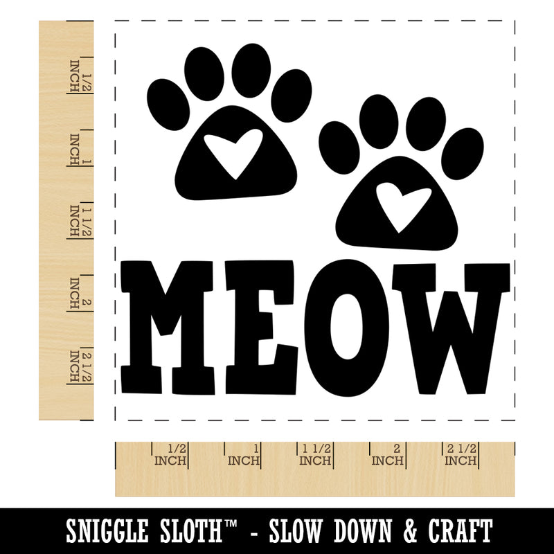 Meow Kitty Cat Paw Prints with Hearts Square Rubber Stamp for Stamping Crafting