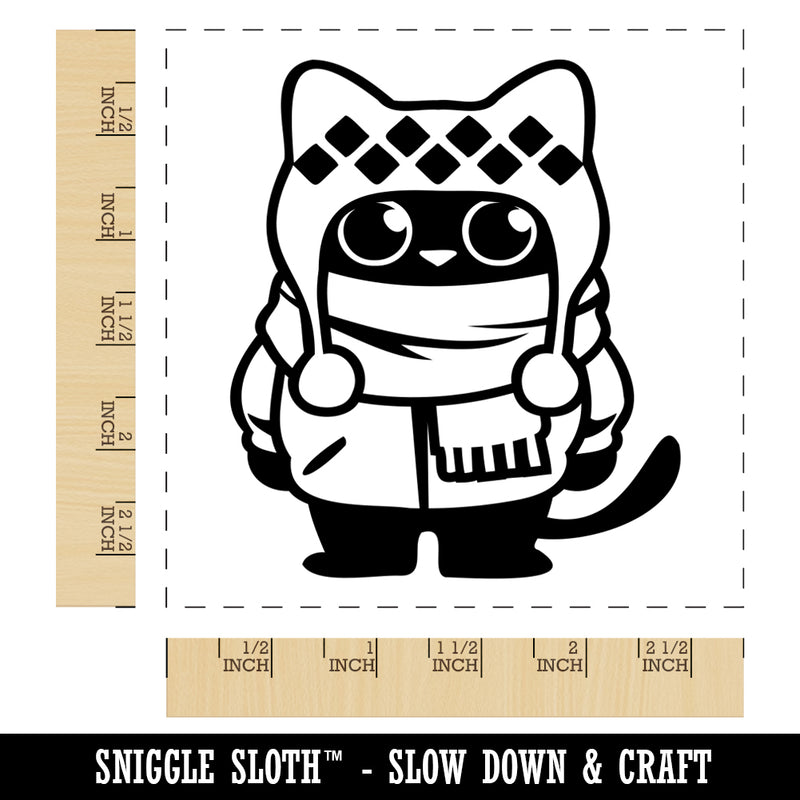 Cute Cat in Jacket is Ready for Winter Square Rubber Stamp for Stamping Crafting