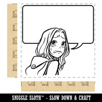 Sad Anime Manga Girl with Empty Speech Bubble Square Rubber Stamp for Stamping Crafting