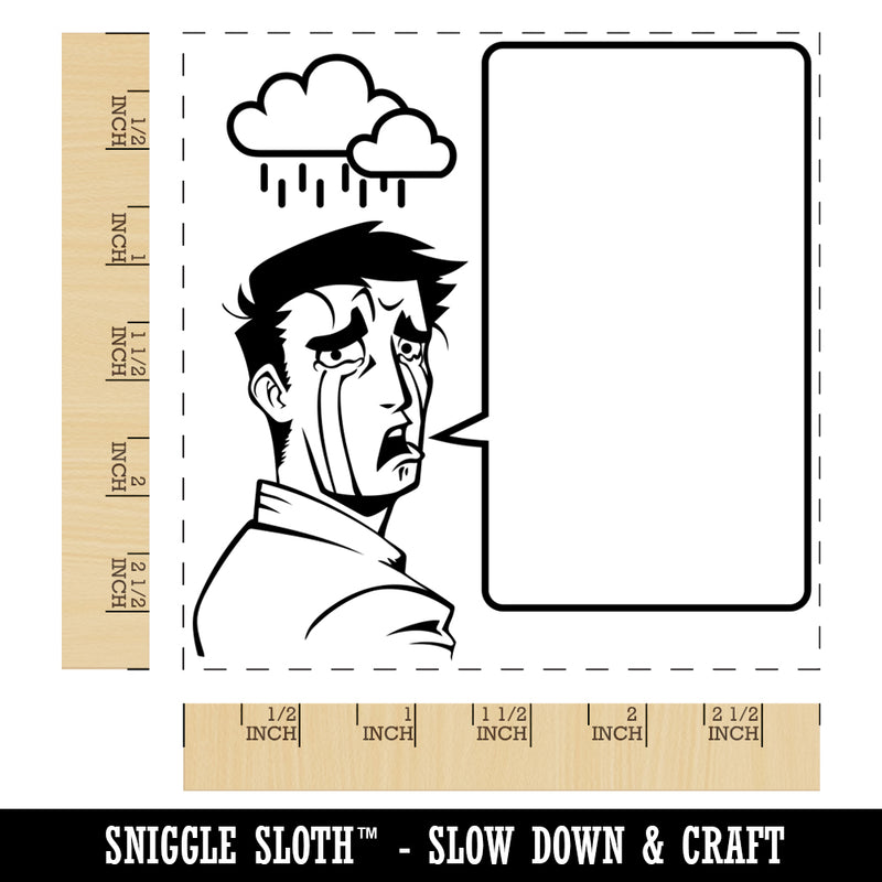 Sad Crying Manga Man with Empty Speech Bubble Square Rubber Stamp for Stamping Crafting