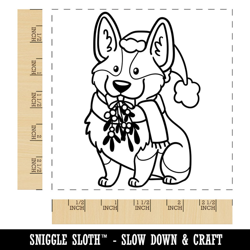Happy Christmas Corgi with Mistletoe in Santa Hat Square Rubber Stamp for Stamping Crafting