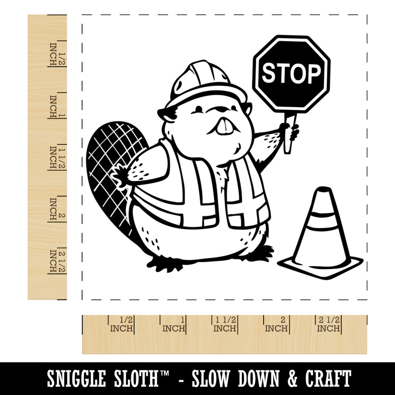 Construction Worker Beaver Builder with Stop Sign Square Rubber Stamp for Stamping Crafting