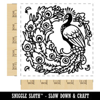 Elegant Peacock with Flowing Tail Feathers Square Rubber Stamp for Stamping Crafting