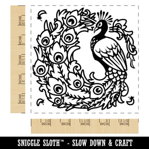 Elegant Peacock with Flowing Tail Feathers Square Rubber Stamp for Stamping Crafting