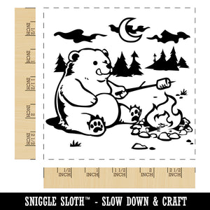 Hungry Bear Making S'mores over a Campfire Square Rubber Stamp for Stamping Crafting