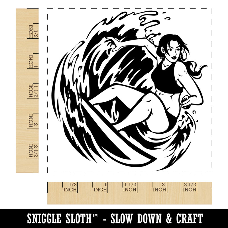 Surfer Woman Riding Wave with Surfboard Square Rubber Stamp for Stamping Crafting