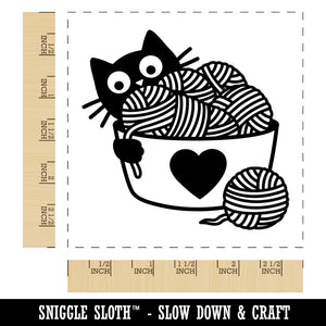 Cat Playing with Basket of Yarn Knitting Crocheting Square Rubber Stamp for Stamping Crafting