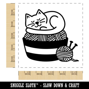 Cat Sleeping on Basket of Yarn Knitting Square Rubber Stamp for Stamping Crafting