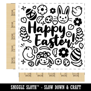 Happy Easter with Bunny Chicks Flowers and Eggs Square Rubber Stamp for Stamping Crafting