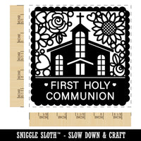 First Holy Communion Cute Chapel with Floral Scalloped Border Square Rubber Stamp for Stamping Crafting