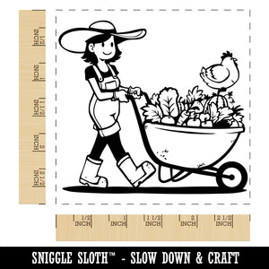 Gardener Farmer Girl with Wheelbarrow of Fruits Vegetables Chicken Square Rubber Stamp for Stamping Crafting