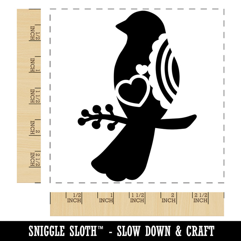 Bird Sitting on a Branch Heart and Scallop Details Square Rubber Stamp for Stamping Crafting