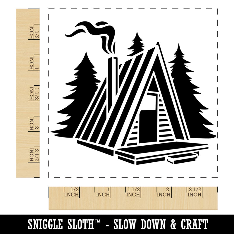 A-Frame Log Cabin House in Woods Square Rubber Stamp for Stamping Crafting