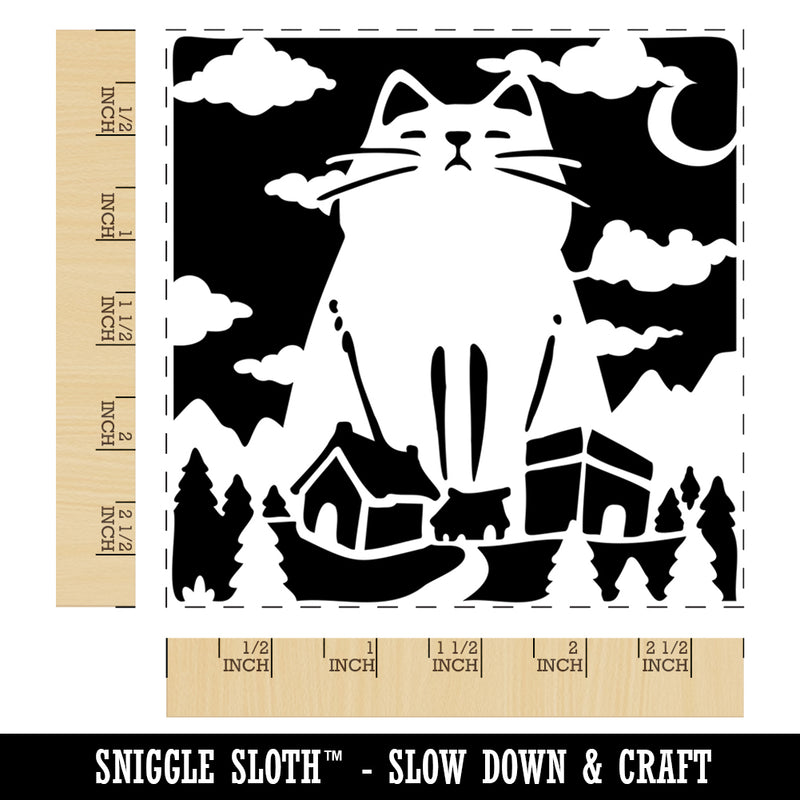 Giant Yule Cat Looming Over Village Christmas Square Rubber Stamp for Stamping Crafting