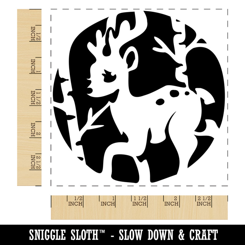 Reindeer in Birch Forest with Trees Square Rubber Stamp for Stamping Crafting