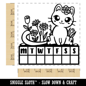 Weekly Habit Tracker Cat and Flowers Monday Start Square Rubber Stamp for Stamping Crafting