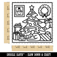 Christmas Morning Room Cat Tree Snowman Stocking Square Rubber Stamp for Stamping Crafting