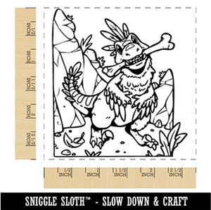 Feathered Raptor Dinosaur with Bone in Mouth Square Rubber Stamp for Stamping Crafting