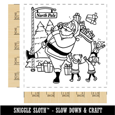 Santa Claus and Elves Loading Gifts into Bag Square Rubber Stamp for Stamping Crafting