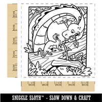 Small Dinosaur Spooked by Big Brontosaurus Square Rubber Stamp for Stamping Crafting