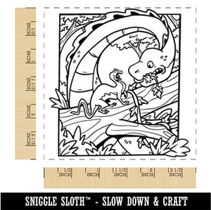 Small Dinosaur Spooked by Big Brontosaurus Square Rubber Stamp for Stamping Crafting