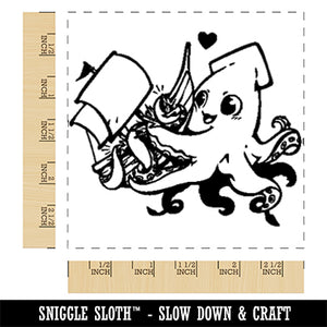 Adorable Sweet Kraken Squid Sea Monster Hug Ship Square Rubber Stamp for Stamping Crafting
