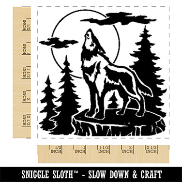 Wild Wolf Howling At the Moon in Forest Square Rubber Stamp for Stamping Crafting