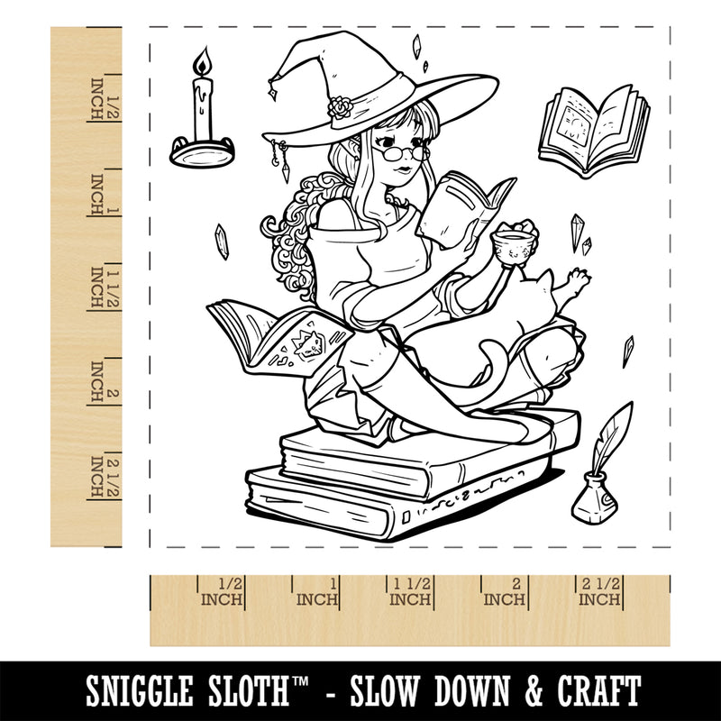 Studious Witch Reading Books with Cat Halloween Square Rubber Stamp for Stamping Crafting