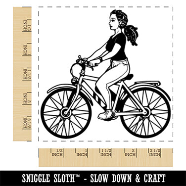 Young Woman Cyclist on Bicycle Bike Square Rubber Stamp for Stamping Crafting