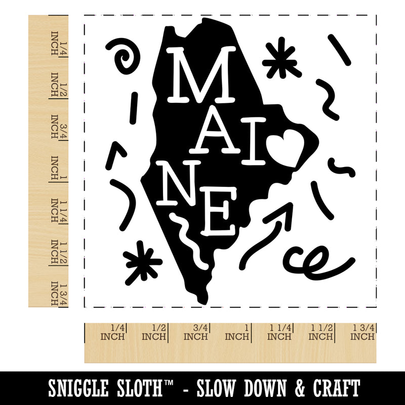 Maine State with Text Swirls Square Rubber Stamp for Stamping Crafting