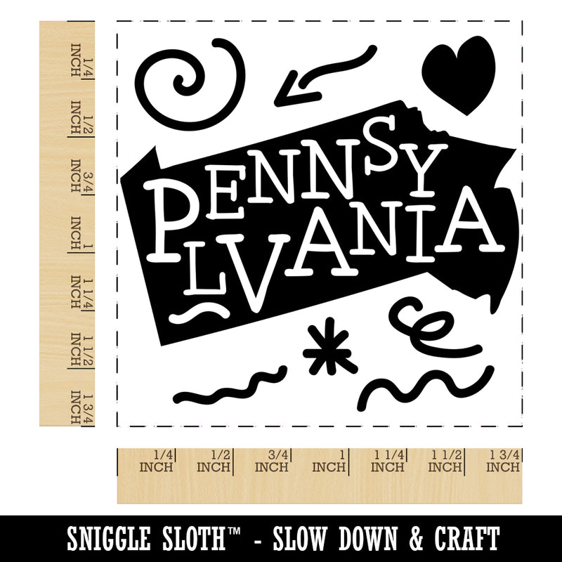 Pennsylvania State with Text Swirls Square Rubber Stamp for Stamping Crafting