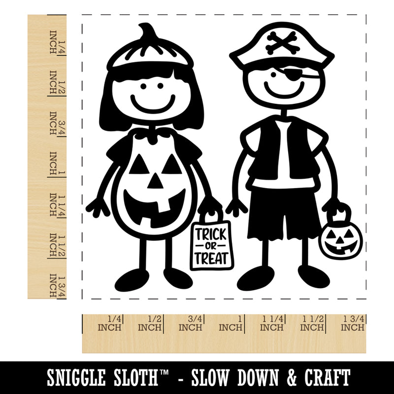 Stick Figure Halloween Trick Or Treaters Kids Square Rubber Stamp for Stamping Crafting
