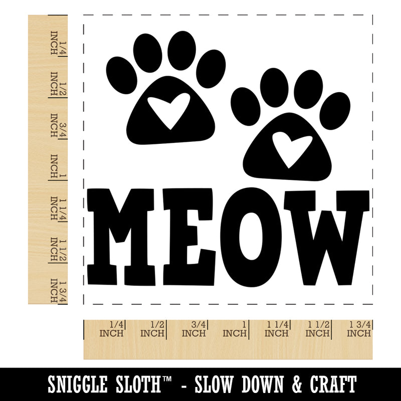 Meow Kitty Cat Paw Prints with Hearts Square Rubber Stamp for Stamping Crafting