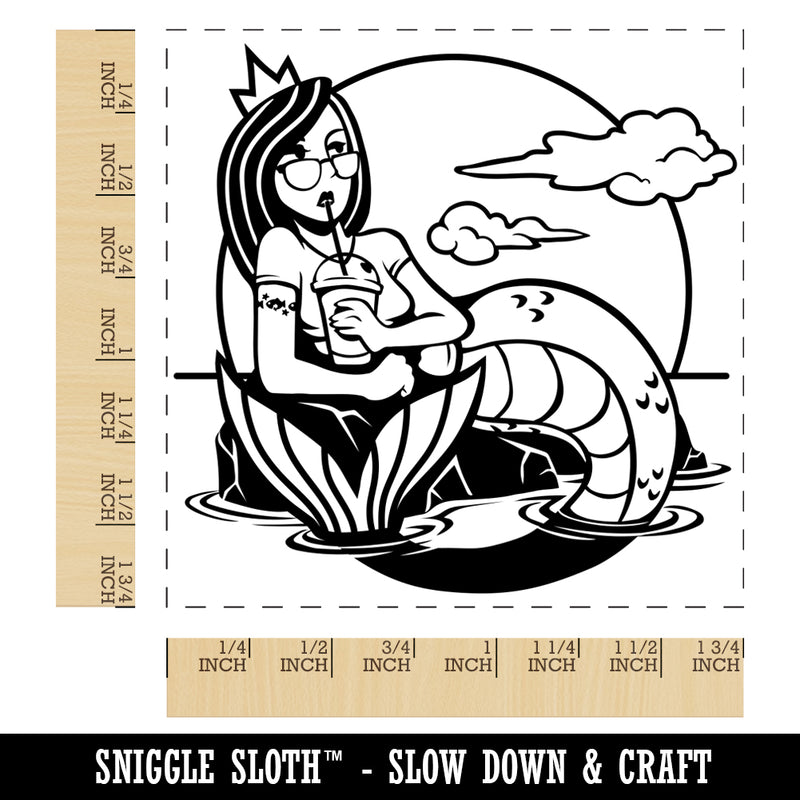 Coffee Drinking Hipster Mermaid Square Rubber Stamp for Stamping Crafting