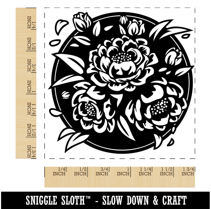 Peony Flowers in Circle Square Rubber Stamp for Stamping Crafting