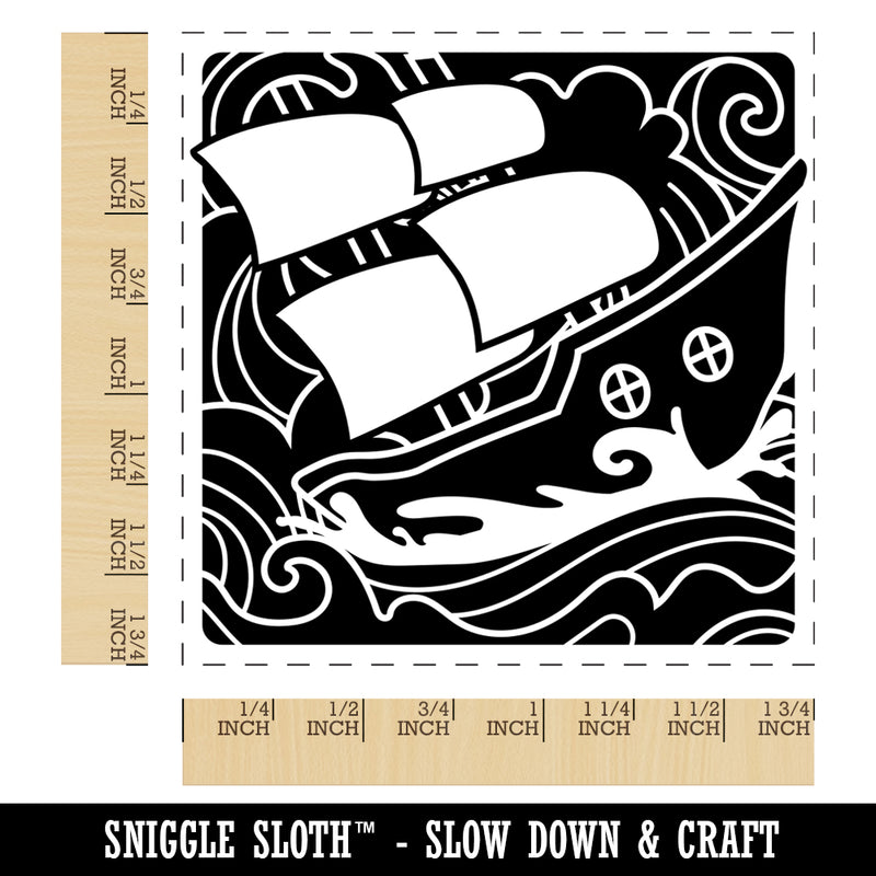 Ship Sailing on Turbulent Waves Square Rubber Stamp for Stamping Crafting