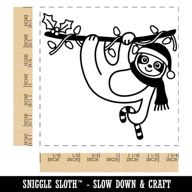 Christmas Hanging Sloth with Candy Cane Square Rubber Stamp for Stamping Crafting