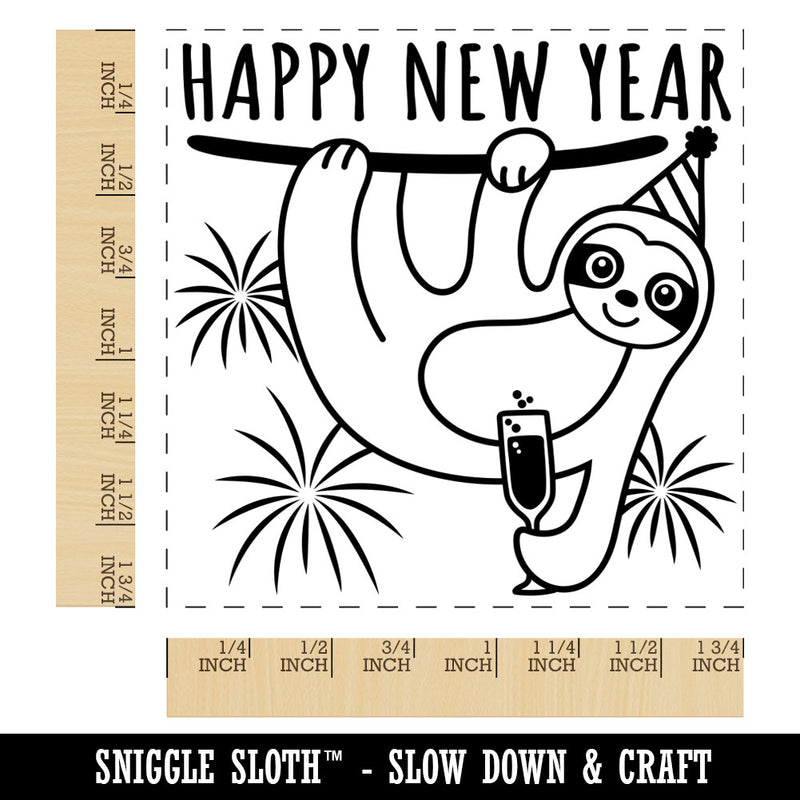 Happy New Year Sloth with Champagne Square Rubber Stamp for Stamping Crafting