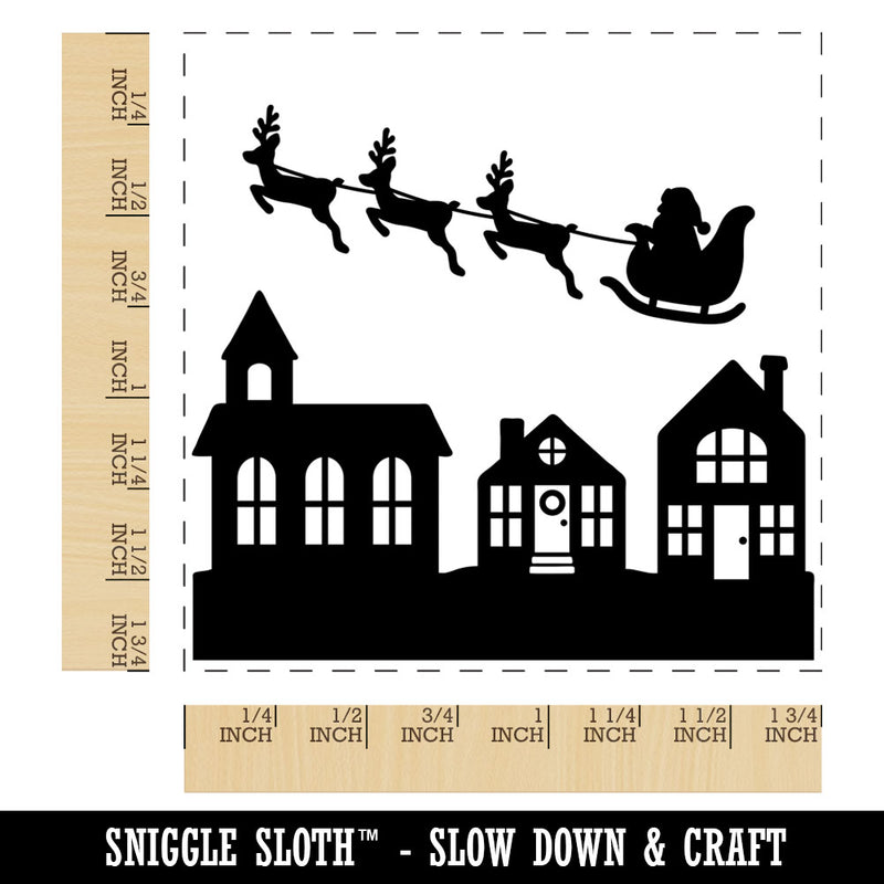 Santa in Sleigh Over Town Christmas Eve Square Rubber Stamp for Stamping Crafting