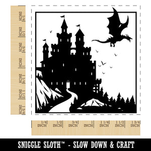 Dragon Flying Over Medieval Castle Square Rubber Stamp for Stamping Crafting