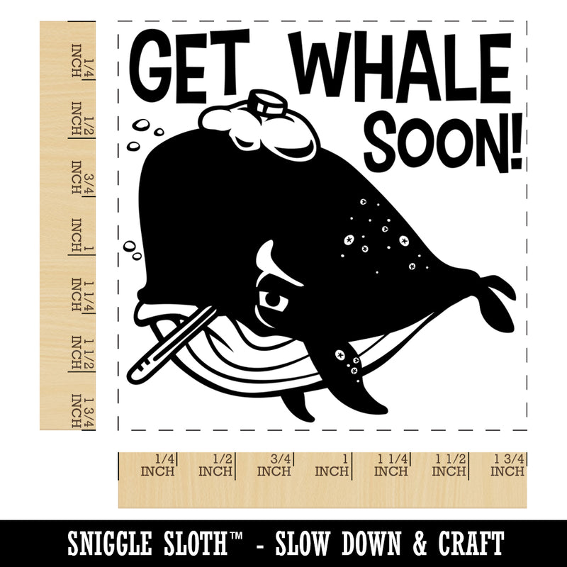 Get Well Soon Sick Whale with Thermometer and Ice Pack Square Rubber Stamp for Stamping Crafting