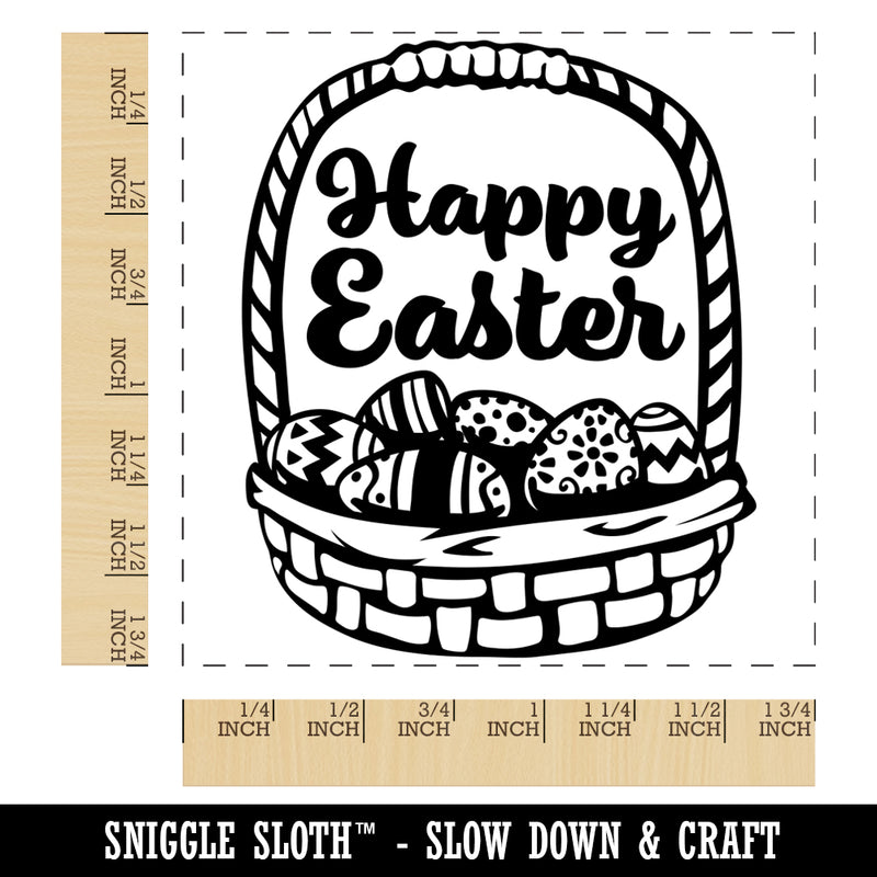 Happy Easter Basket with Painted Eggs Square Rubber Stamp for Stamping Crafting