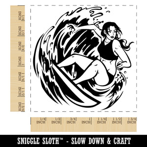 Surfer Woman Riding Wave with Surfboard Square Rubber Stamp for Stamping Crafting